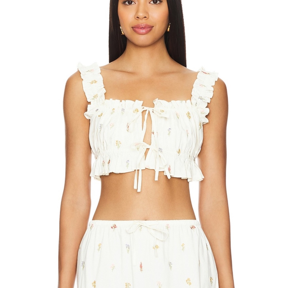 WeWoreWhat Cream Ruffled Top with Floral Details